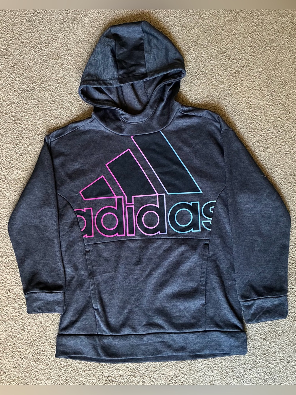 Athletic adidas Kids Gray Hoodie Sweatshirt Sz 10/12 Top with Pink Blue Logo